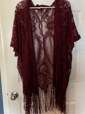Women's Burgundy Lace Fringe Kimono Cardigan